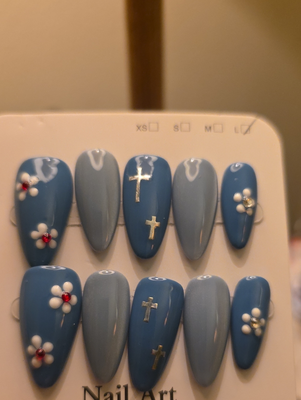 Press-On Nail Set - Blue Floral & Cross Accent Size Large